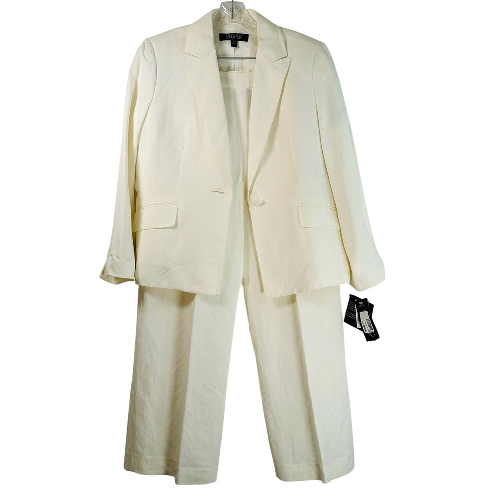 Kasper Petite Cream Linen Blend Pant Suit Set Blazer Wide Leg Trousers 16P Flaw